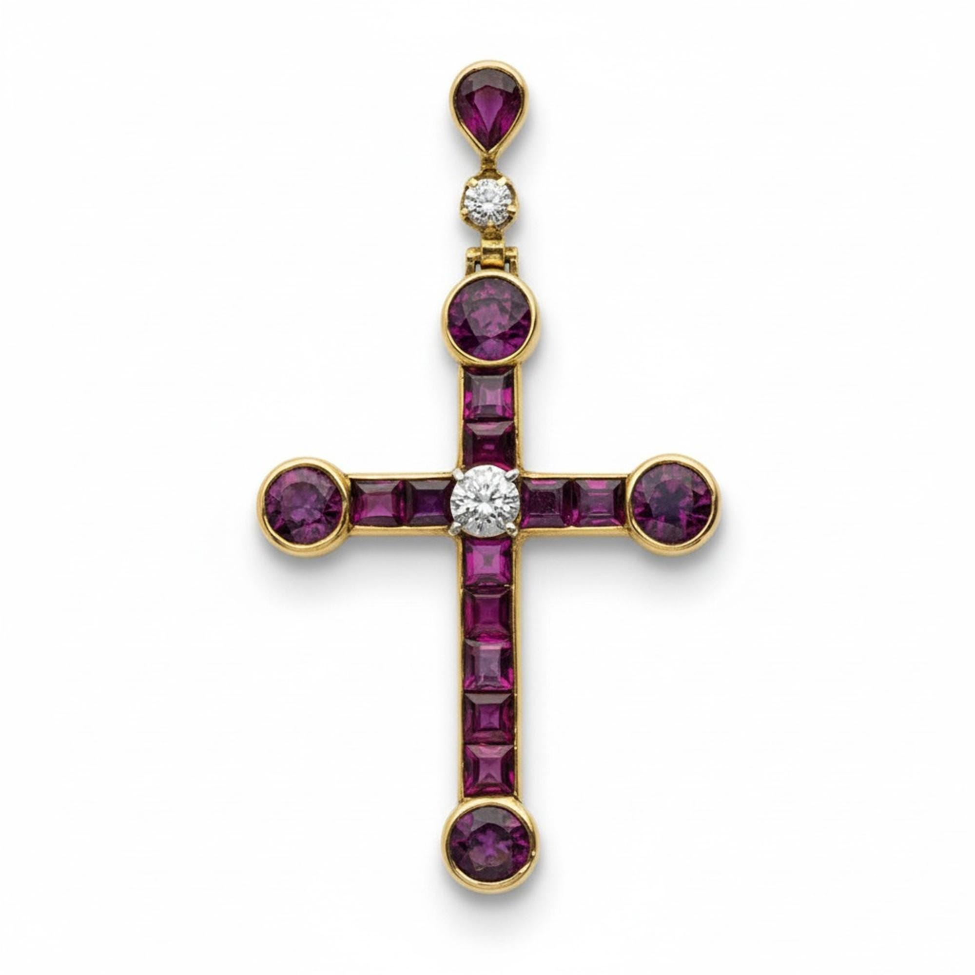 Religious Ruby Circa 1905's Belle Epoque Cross Pendant, Ruby Multi Shape CZ Stone ...