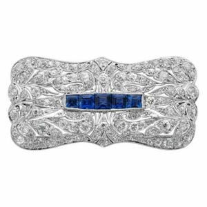 Antique Art Deco Milgrain Brooch, Victorian Brooch, 14K Gold Vintage Style Openwork Filigree Brooch, Blue Baguette & Round CZ Stone Brooch