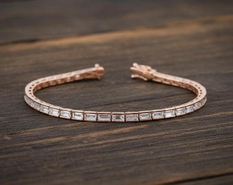 Baguette Cut Moissanite Diamond Bracelet, Wedding Bridal Bracelet, Delicate Everyday Wear Bracelet For Women, 14K Rose Gold Tennis Bracelet