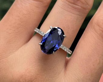Elongated Blue Oval Cut CZ Stone Ring, Sapphire Gemstone Ring, Women&#39;s Jewelry, Wedding Bridal Ring, 10K Gold Engagement Ring, Gift For Her