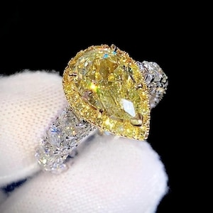 Canary Yellow Pear Cut CZ Stone Two Tone Ring, Sapphire Gemstone Wedding Ring, Gift For Bride, 925 Silver Halo Engagement Ring, Gift For Her
