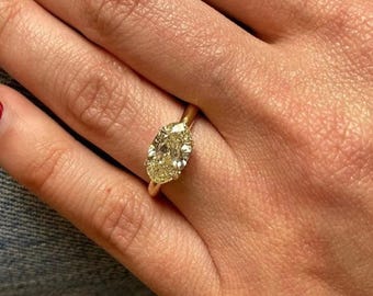 Canary Yellow Oval Cut CZ Stone Horizontal Ring, Sapphire Gemstone Ring, 18K Yellow Gold Solitaire Ring, Women's Classic Single Stone Ring