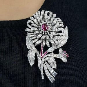 Ruby Cabochon Flower Brooch, Multi Shape CZ Stone 925 Silver Brooch, Wedding Bridal Brooch, Engagement Brooch, Women's Party Wear Brooch