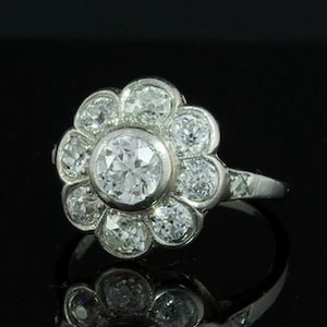 Vintage Style Flower Inspired Ring, Bezel Set Old European Cut Moissanite Diamond Retro Ring, Antique Cluster Ring, Halo Wedding Bridal Ring