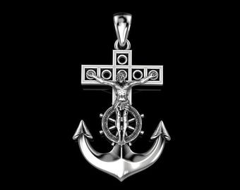 Anker Jesus Anhänger, Anker Mariner Kreuz Anhänger In Silber, Kruzifix Jesus mit Anker Charm Anhänger, Cristian Schmuck, Sailor Anhänger