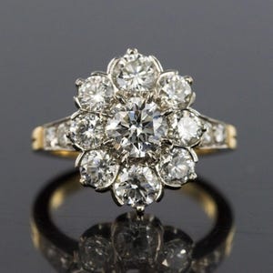 Flower Inspire Ring, Round Moissanite Diamond Wedding Bridal Ring, Half Bezel Set Halo Ring, Two Tone Gold Engagement Ring, Bridesmaid Gift
