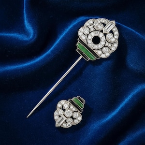 1980s Art Deco-style Jabot Pin featuring Abstract, Geometric Design Art Deco Platinum, Rubellite, and Diamond Jabot Pin  main image 3