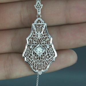 Openwork Filigree Pendant Necklace, Round Moissanite Diamond Victorian Pendant Necklace, Antique Art Deco Solitaire Necklace, Christmas Gift
