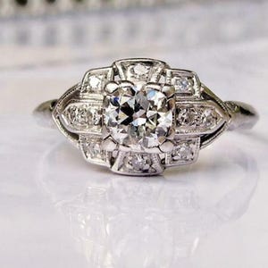Art Deco Inspired Engagement Bridal Ring, Old European Cut Moissanite Diamond Wedding Ring, Christmas Gift Ring, Mid-Century Ring Ring