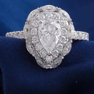 Pear Cut CZ Stone Double Halo Ring, Teardrop Engagement Ring, 14K White Gold Wedding Bridal Ring , Anniversary Gift For Wife, Proposal Ring