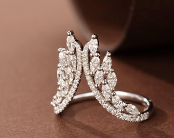 Deep V Shape Crown Style Ring, Marquise & Round Cut Moissanite Diamond Curved Ring, Cocktail Wedding Ring, Engagement Ring, Gift For Her