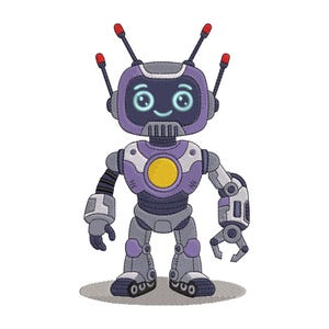 May include: An embroidered robot character featuring a purple head with large light blue eyes, a smiling mouth, and three antennas with red tips. The torso is purple and grey with a central yellow circle, and the arms end in a hand and a claw.