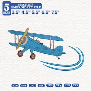 Puede incluir: Un archivo de bordado a máquina de un biplano azul con hélice amarilla y ruedas marrones. El texto dice 5 SIZE 3.5" 4.5" 5.5" 6.5" 7.5" MACHINE EMBROIDERY FILE. Los formatos de archivo son EXP, DST, CND, JEF, PES, VP3, HUS y XXX.