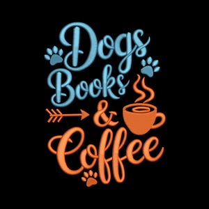 Broderidesign med hundböcker och kaffe – Mysig maskinfil för hundmammor och bokälskare