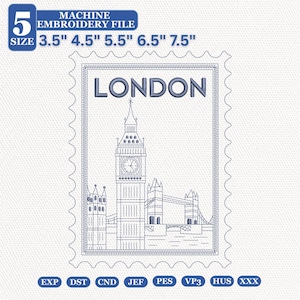 Puede incluir: Diseño bordado con el horizonte de Londres, incluyendo el Big Ben y el Tower Bridge, dentro de un marco de sello postal. La palabra "LONDON" está en la parte superior. Disponible en varios tamaños, de 8,89 cm a 19,05 cm.