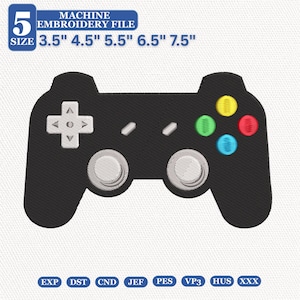 May include: A black video game controller machine embroidery design featuring a white directional pad, two silver joysticks, and four coloured buttons in yellow, green, red, and blue. Text includes 5 SIZE 3.5" 4.5" 5.5" 6.5" 7.5" and file formats.