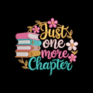 「Just One More Chapter」刺繍デザイン：花柄の本の山（デジタルダウンロード）