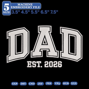 Pappa est 2026 broderidesign, Varsity-bokstäver maskinbroderifil, omedelbar nedladdning