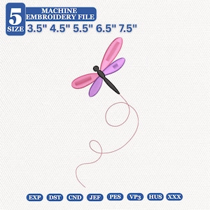 May include: A machine embroidery file design featuring a dragonfly with a black body, two pink wings, and two purple wings. A dashed red line creates a swirling flight path below the insect. Text includes 5 SIZE 3.5" 4.5" 5.5" 6.5" 7.5".