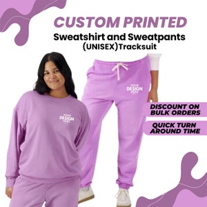 Custom Crewneck Sweatpants Bundle, Men Women Personalized Logo Text Tracksuit, Full Set Tracksuit, Gift For Him Her, Custom Design On Thigh