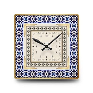 Reloj de pared inspirado en azulejos marroquíes, reloj cuadrado de acrílico azul y dorado, elegante regalo de decoración para el hogar, arte funcional atemporal para cualquier habitación