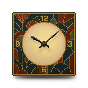 Art Deco Wall Clock – Geometric Green & Rust Pattern with Gold Center | Modern Vintage Acrylic Clock for Living Room or Gift