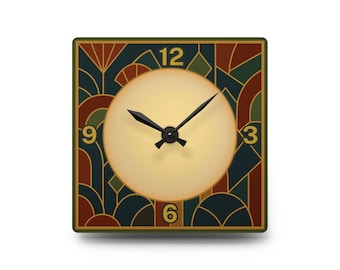 Art Deco Wall Clock – Geometric Green & Rust Pattern with Gold Center | Modern Vintage Acrylic Clock for Living Room or Gift