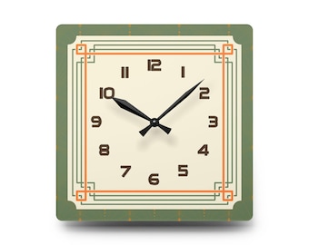 Art Deco Square Wall Clock, Sage Green and Terracotta Geometric Clock, Vintage-Inspired Elegant Timepiece, Home & Office Decor Gift