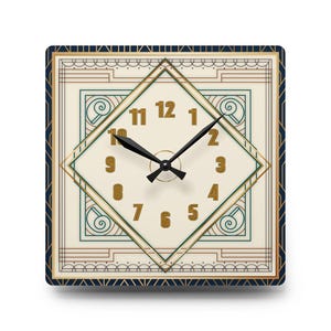 Art deco wandklok, elegante geometrische klok, blauwe en gouden klok, vintage geïnspireerde klok, wanddecoratie kantoor, uniek cadeau voor haar of hem
