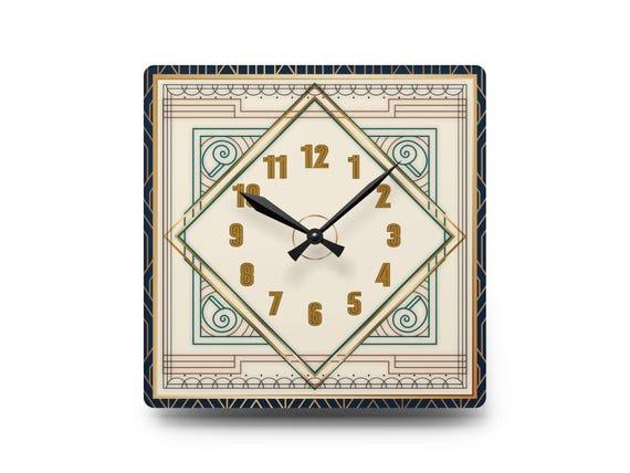 Art Deco Wall Clock, Elegant Geometric Clock, Blue and Gold Clock, Vintage-Inspired Clock, Office Wall Decor, Unique Gift for Her or Him