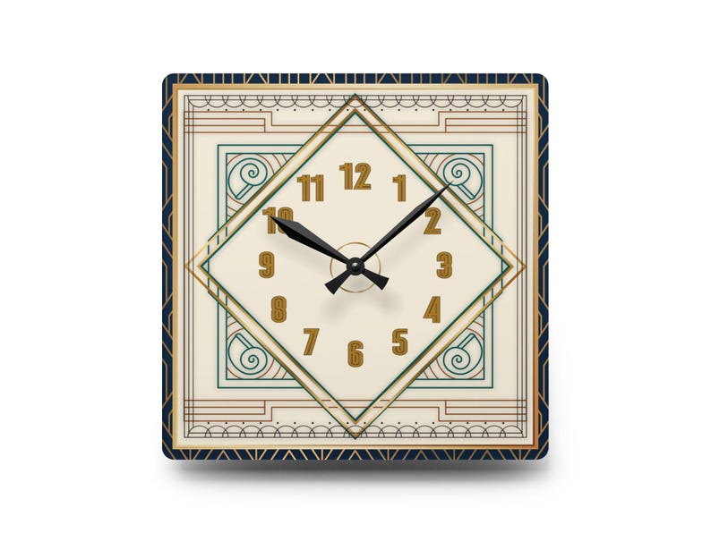 Art Deco acrylic wall clock with geometric blue and gold design, perfect for office or home decor, and a unique gift for her or him.