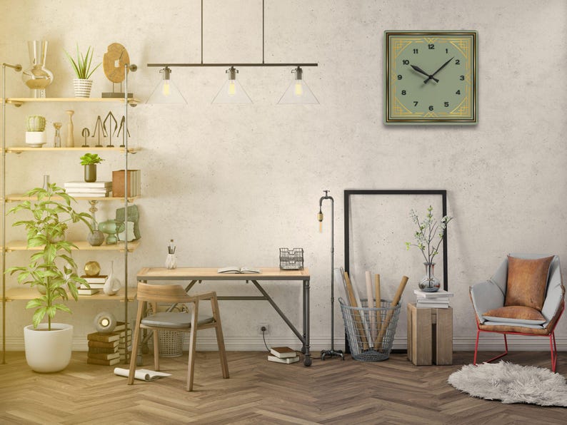 Art Deco Clock, Sage Green Wall Clock Decorative Retro Wall Art for