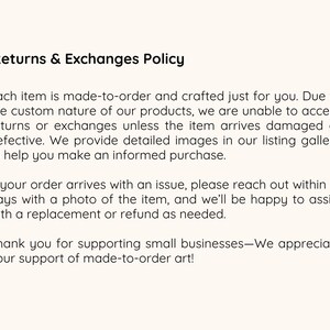 A text-based slide outlining the shop's return and exchange policy, emphasizing the made-to-order nature of the clock and customer support options.