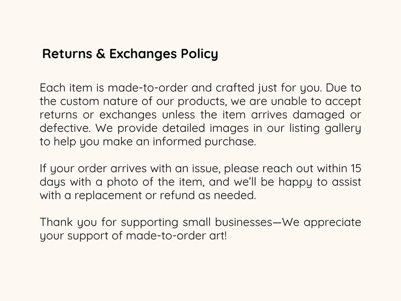 A text-based slide outlining the shop's return and exchange policy, emphasizing the made-to-order nature of the clock and customer support options.