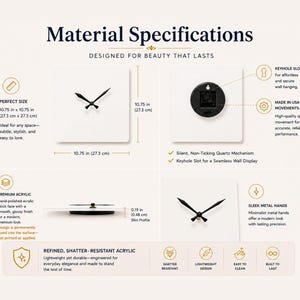 A detailed overview of the clock’s dimensions, hand-polished acrylic face, silent quartz movement, and metal hands.