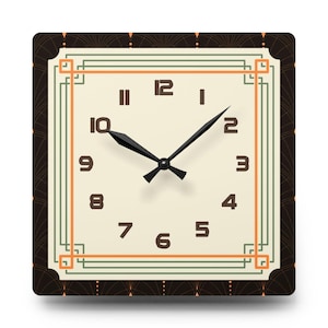 May include: Square wall clock with a cream-colored face and black hands. The clock features black numerals and a decorative orange and green border. The dark brown frame has an Art Deco design. The clock is a decorative home decor item.