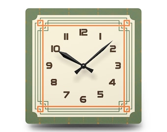Art Deco Square Wall Clock, Sage Green and Terracotta Geometric Clock, Vintage-Inspired Elegant Timepiece, Home & Office Decor Gift