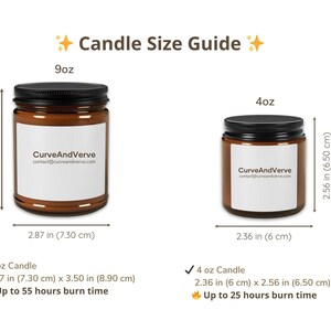 Candle Size Guide for Capricorn Energy Candles, detailing the dimensions and burn time for both 9 oz and 4 oz options.