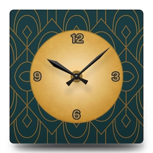 Art Deco Wall Clock Square Green and Gold Geometric Clock Quiet Moment Gift Home Office Decor Gift for Her Gift for Him Room Accent