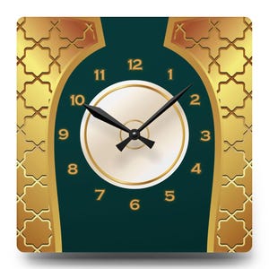 Green and Gold Art Deco Wall Clock Silent Acrylic Wall Clock for Living Room Moorish Geometric Design Unique Gift for Home or Office