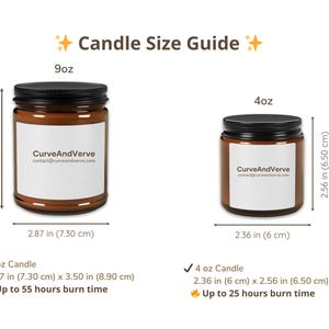 Candle Size Guide for 9 oz and 4 oz amber glass jars. Dimensions and burn time for Cancer Zodiac Candle, showing long-lasting soy wax blend.