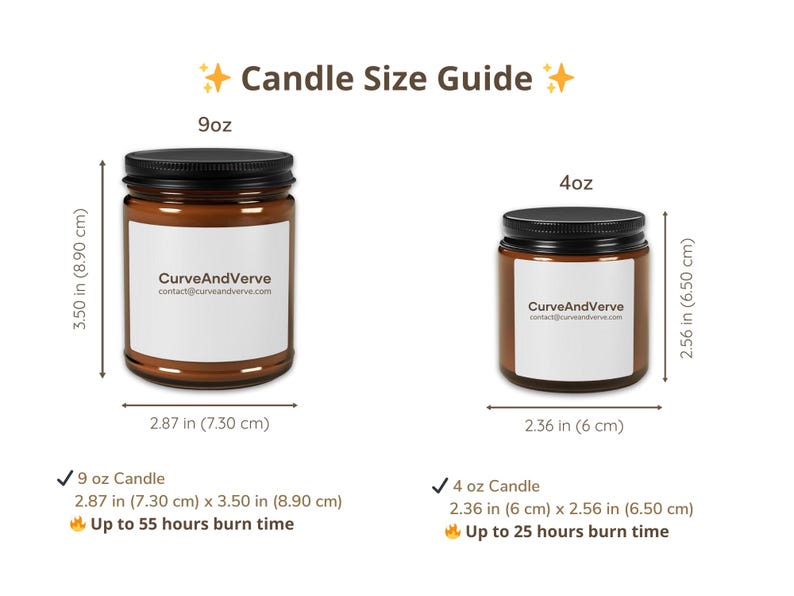 Candle Size Guide for 9 oz and 4 oz amber glass jars. Dimensions and burn time for Cancer Zodiac Candle, showing long-lasting soy wax blend.