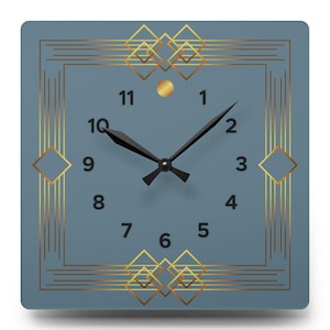 Elegant Art Deco Clock – Square Acrylic Wall Clock – Modern Home Office Decor – Minimalist Art Deco Wall Art – Blue and Gold Accent Clock