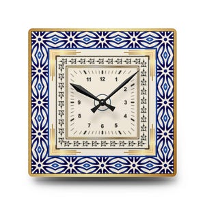 May include: Square wall clock with a cream-colored face and black hands. The clock has a gold-colored frame and a decorative border with blue and white geometric patterns. The clock measures approximately 10 inches by 10 inches.