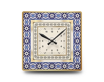 Acrylic Moroccan Tile-Inspired Wall Clock, Blue and Gold Square Wall Clock, Stylish Home Decor Gift, Timeless Functional Art for Any Room
