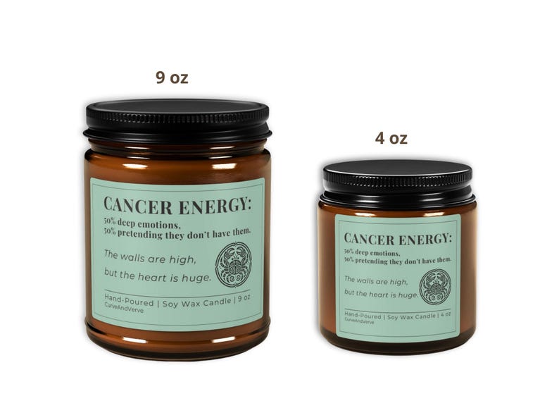 Cancer Zodiac Candle in 9 oz and 4 oz sizes with light green label. Hand-poured soy candles in amber glass jars, showcasing witty astrology humor for Cancer energy.