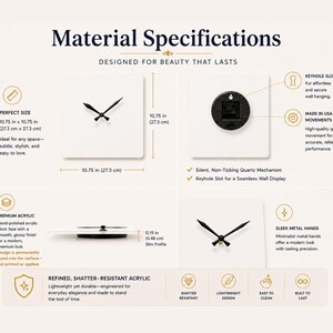 A detailed overview of the clock’s dimensions, hand-polished acrylic face, silent quartz movement, and metal hands.