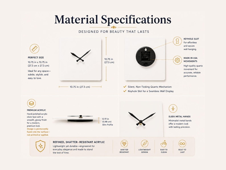 A detailed overview of the clock’s dimensions, hand-polished acrylic face, silent quartz movement, and metal hands.