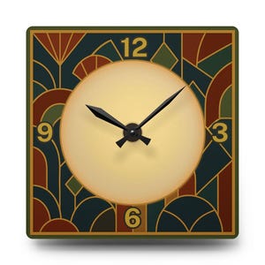 Art Deco Wall Clock – Geometric Green & Rust Pattern with Gold Center | Modern Vintage Acrylic Clock for Living Room or Gift