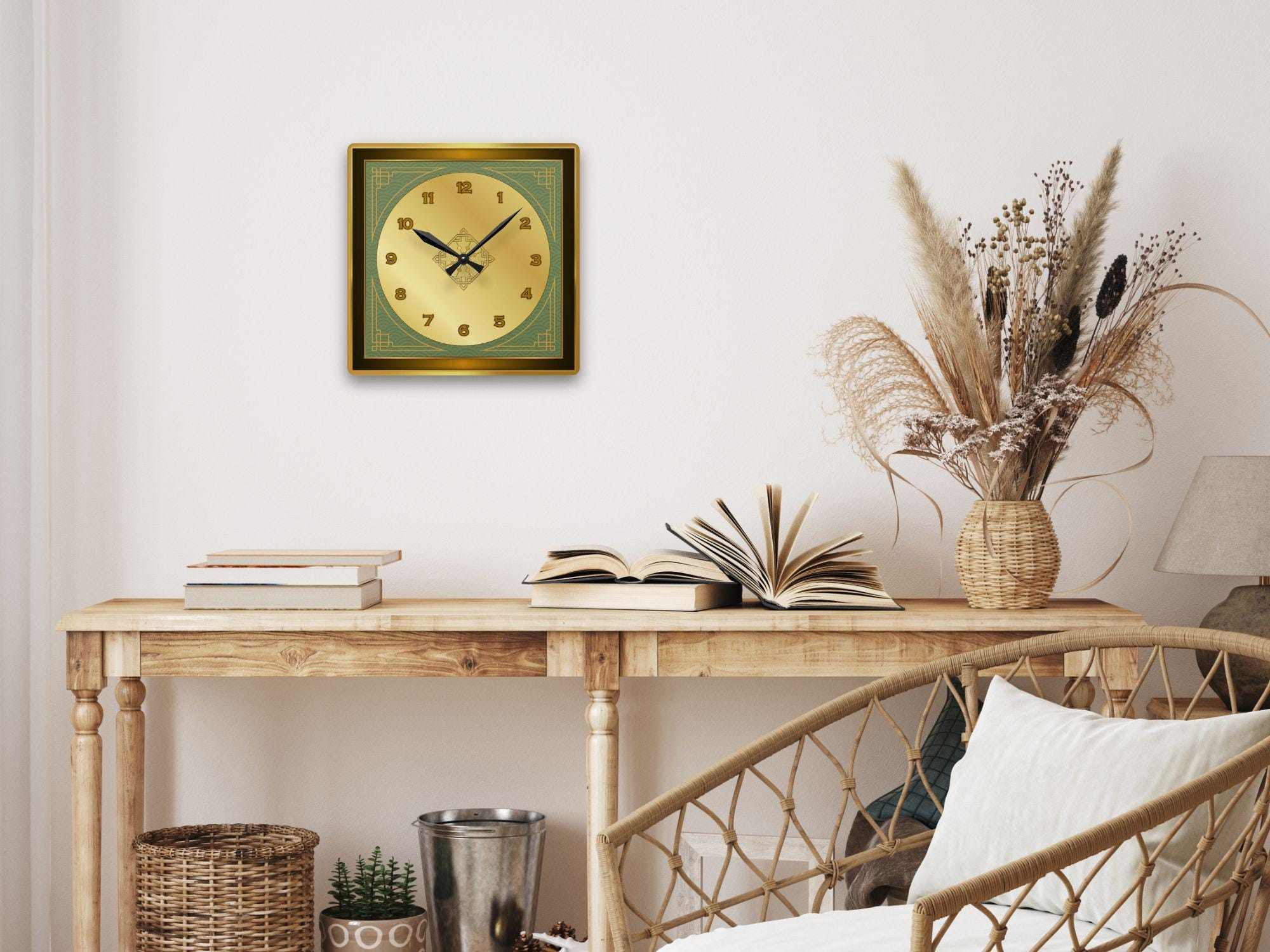 Sage Green & Gold Wall Clock for Living Room, Silent Square Acrylic ...